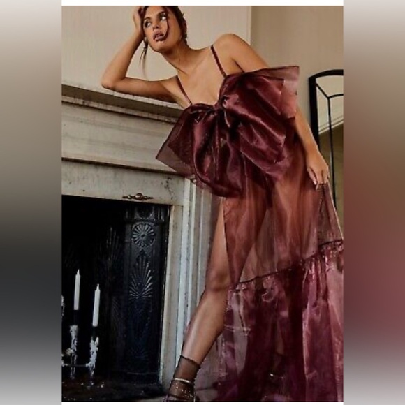 Free People intimately sheer chiffon Someone Say Bows Bodysuit Maxi dress size S - Picture 3 of 4